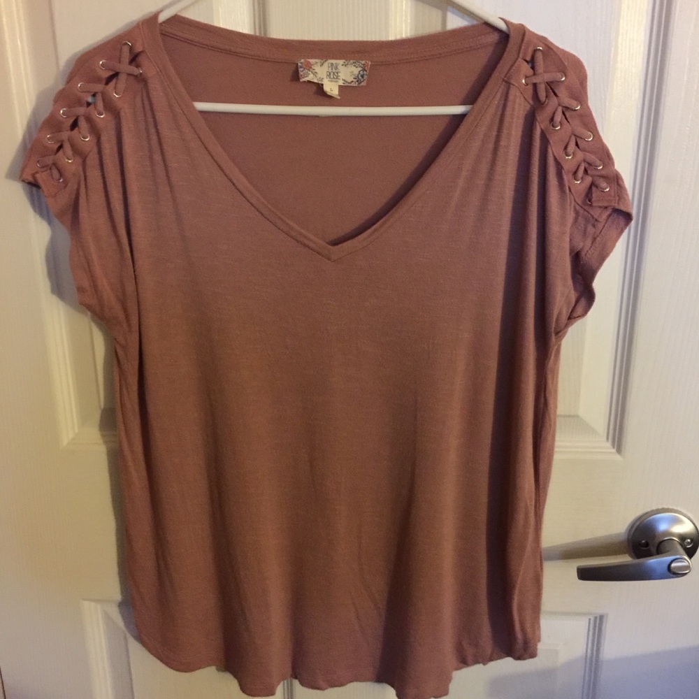 Pink Rose top with lace up shoulder and sleeves